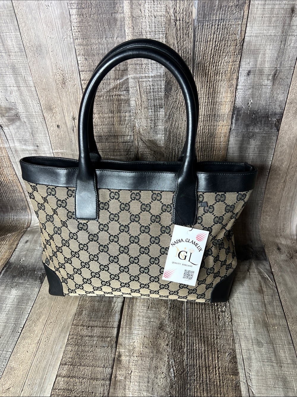 Gucci  GG Canvas Tote with Black Leather Trim